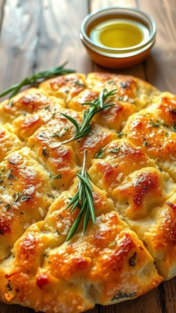 Garlic Herb Focaccia Bread with Toppings Golden brown focaccia bread topped with garlic and herbs, cut into squares, served with olive oil on a rustic table.